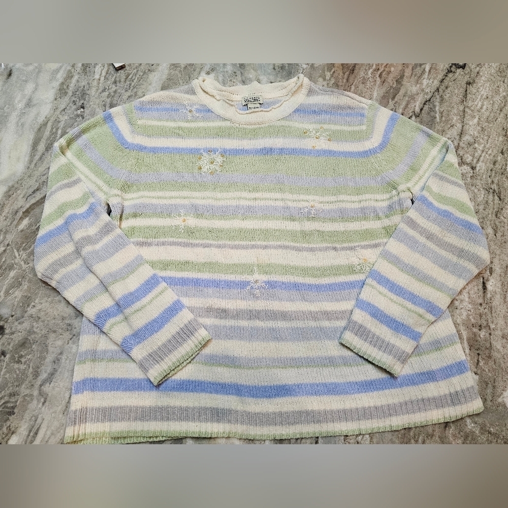 Classic Elements 16/18W Sweater Pastel Stripe Snowflake Embroidered Knit Plus Si